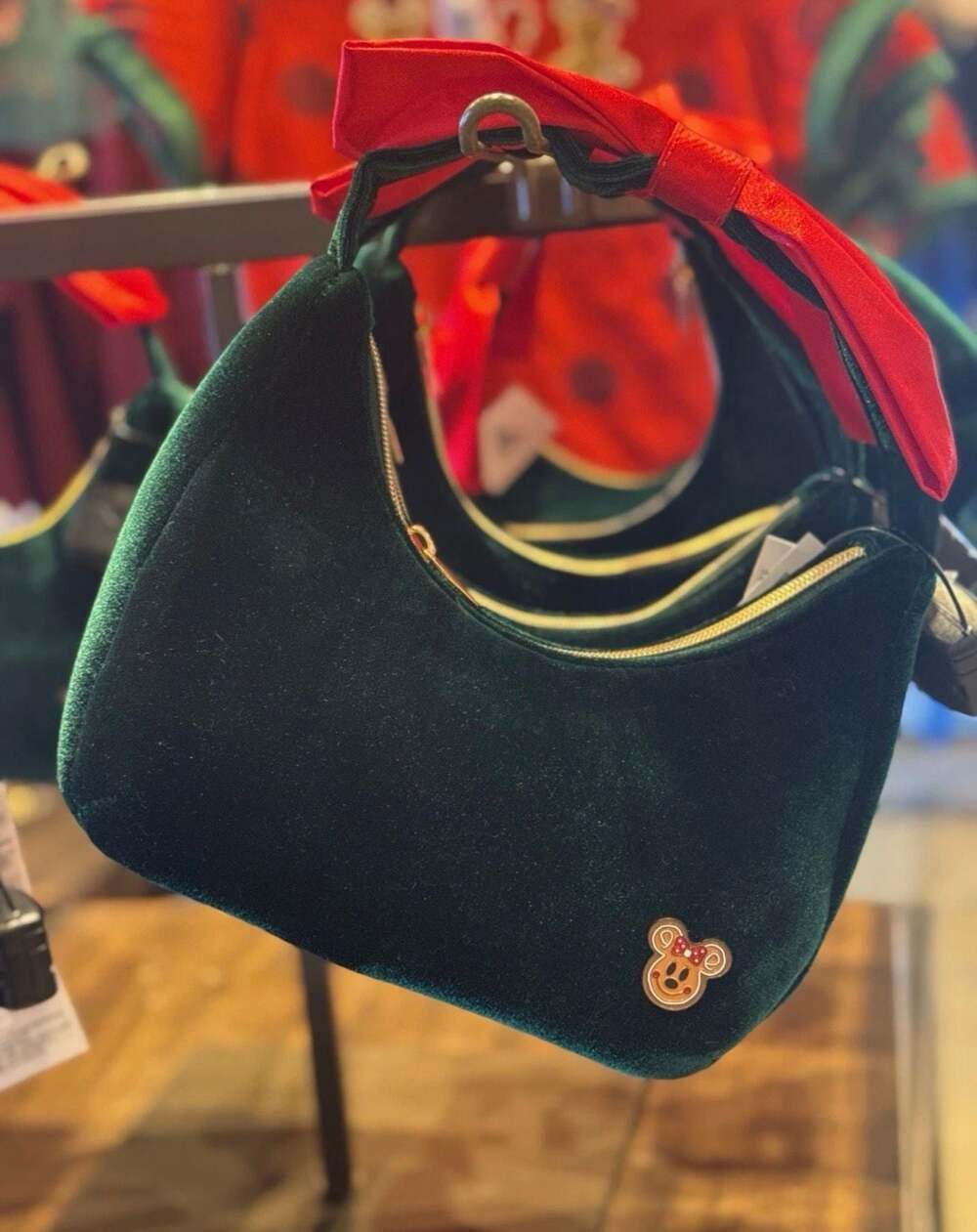 Disney Parks Gingerbread Minnie Mouse Holiday Velvet Bow Green Shoulder Bag - Picture 4 of 6
